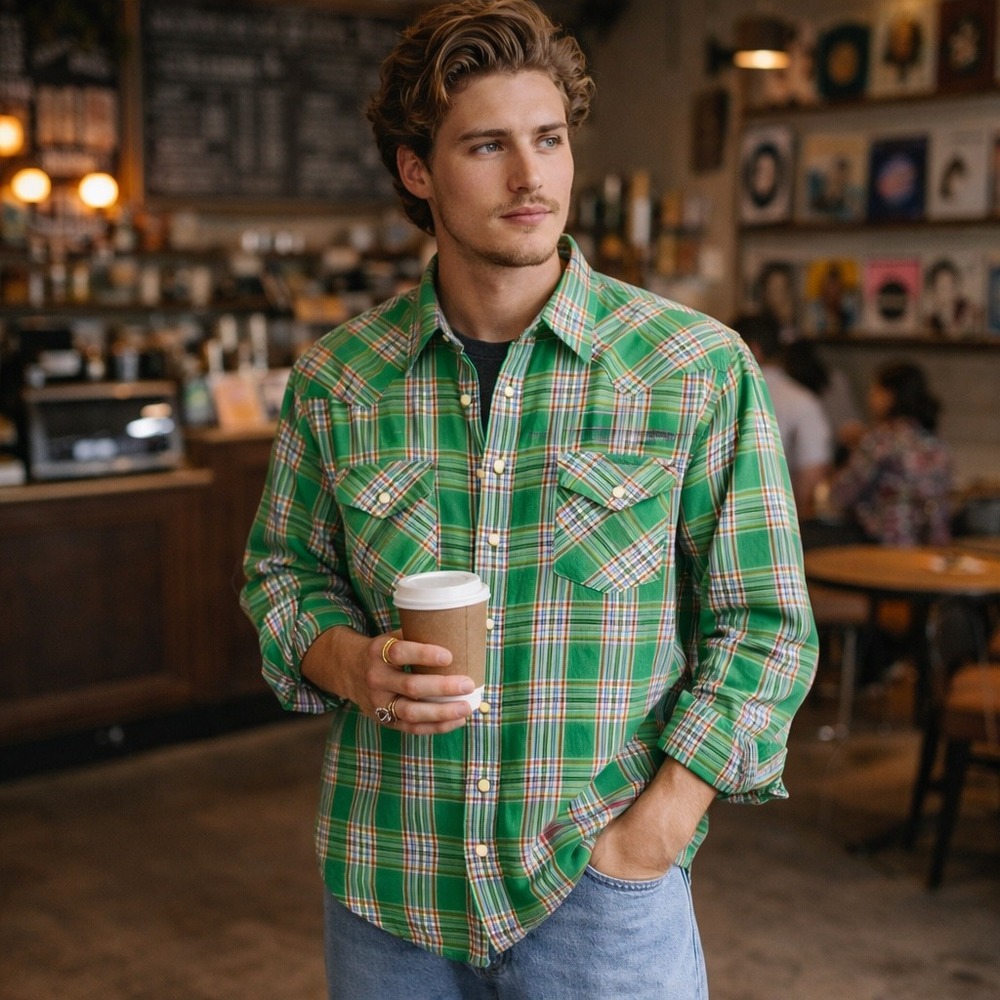 Hollister Vintage Styling Western Shirt Mens Size L Green Plaid Cotton Y2K Style